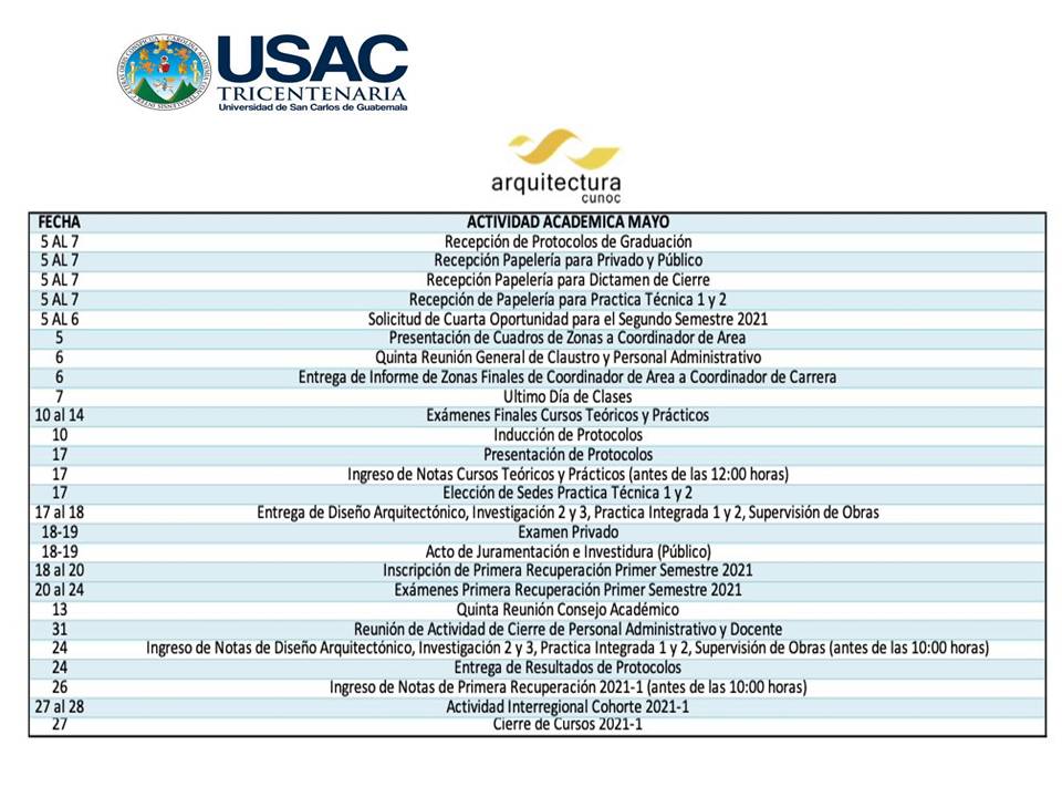 Calendario de Actividades Académicas Mayo 2021